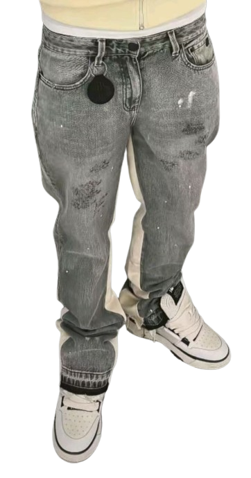 Grey Paneled Distressed Stacked Flare Jeans
